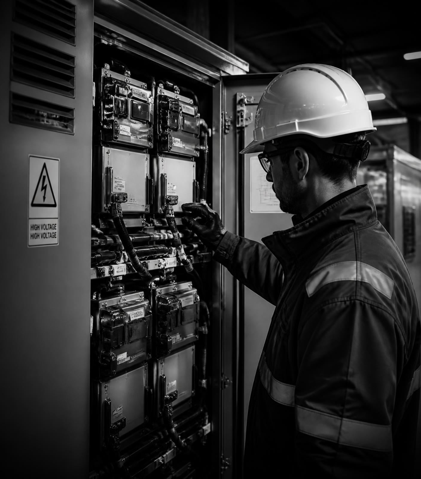 Electrical engineer inspecting a high voltage battery cabinet