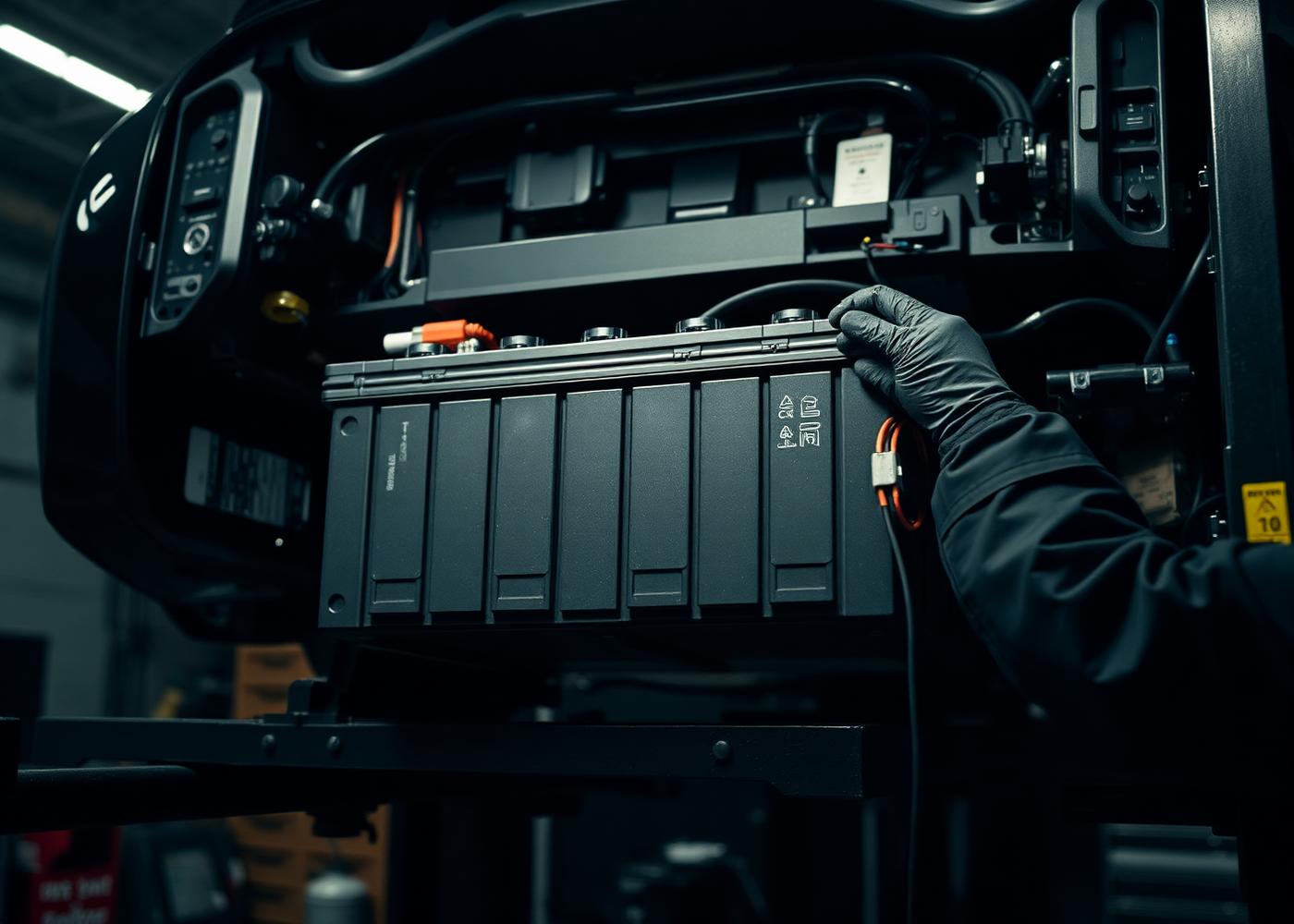 High-voltage EV battery pack connected to diagnostic equipment