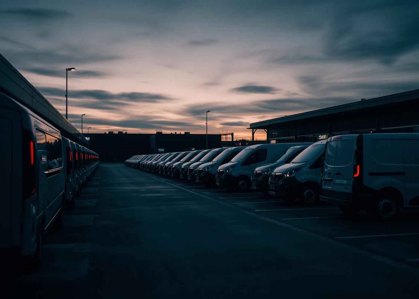 Fleet of electric vans charging at a depot