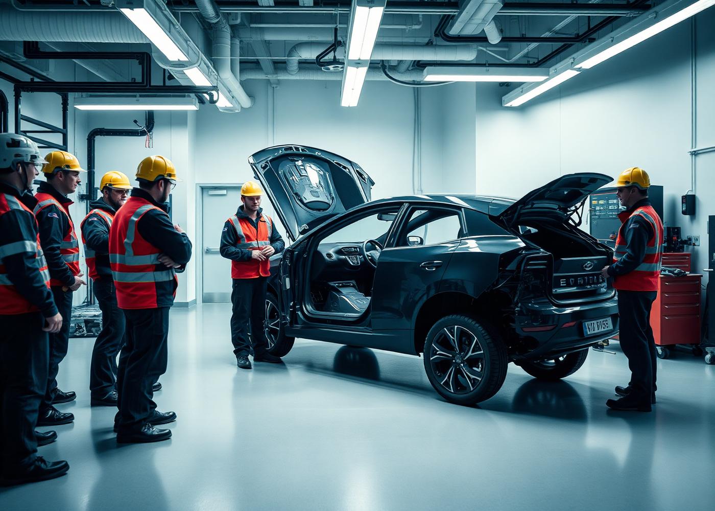 Technicians developing high-voltage EV skills in a training workshop