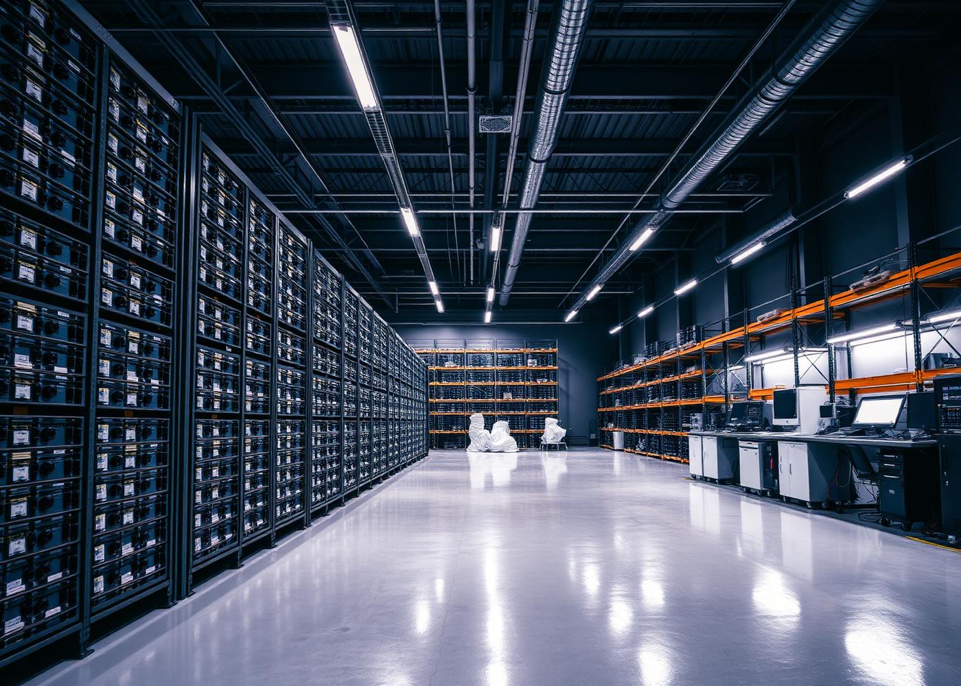 Battery technology centre with technical workstations and battery racking