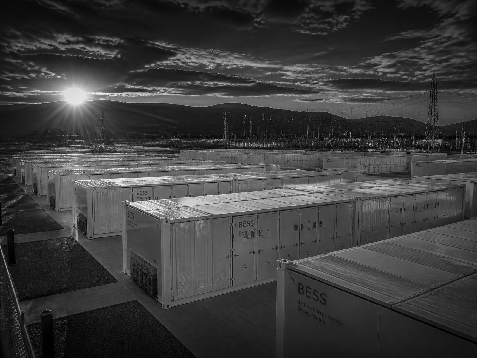 Utility scale battery energy storage facility at dusk