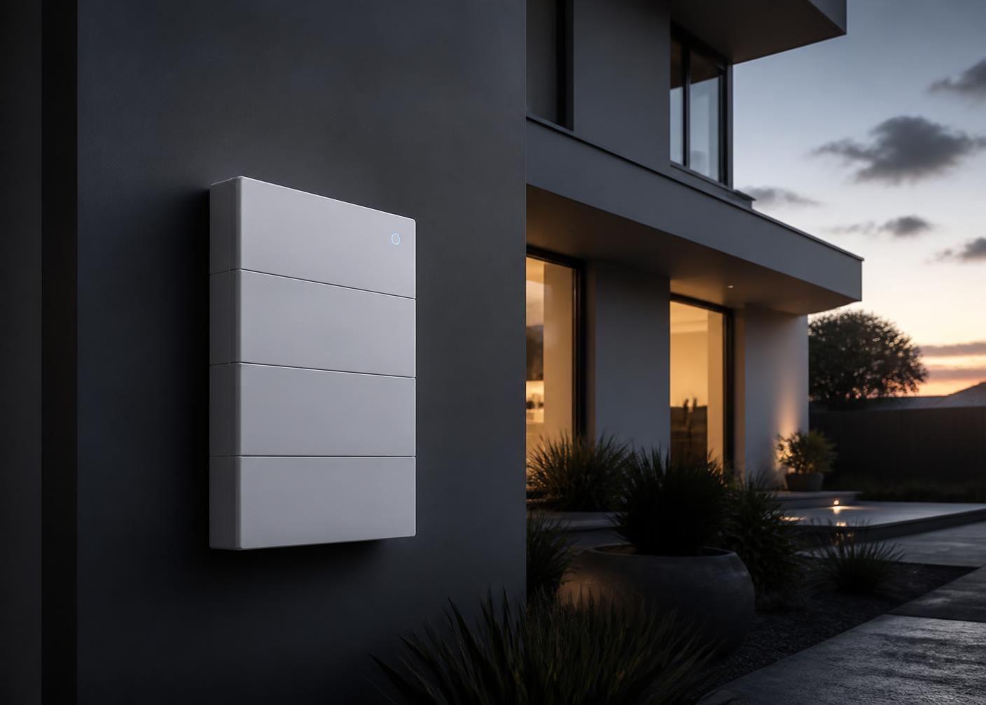 Modern home with a wall-mounted modular battery system at dusk