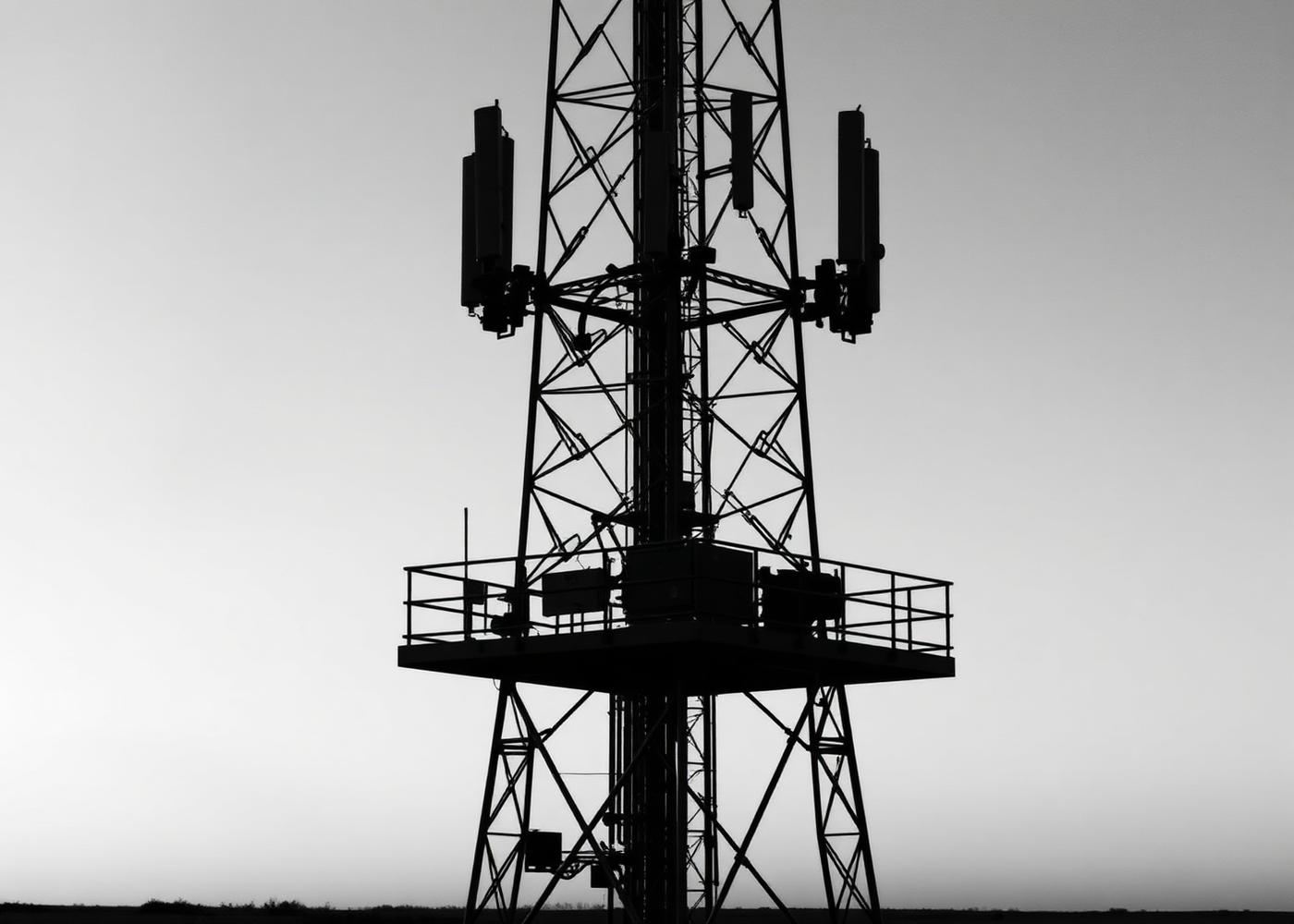 Telecommunications tower silhouette at dawn