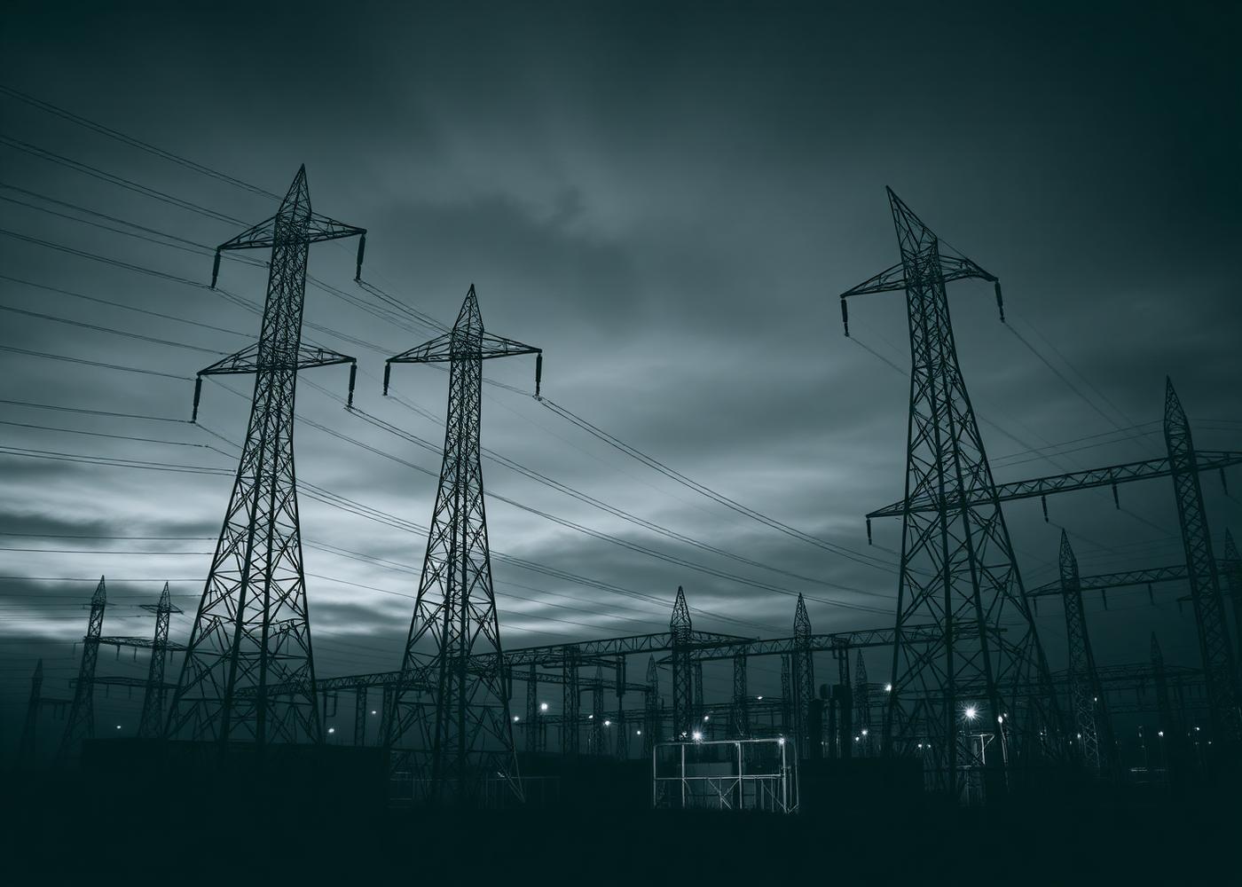 High voltage transmission towers and substation at dusk